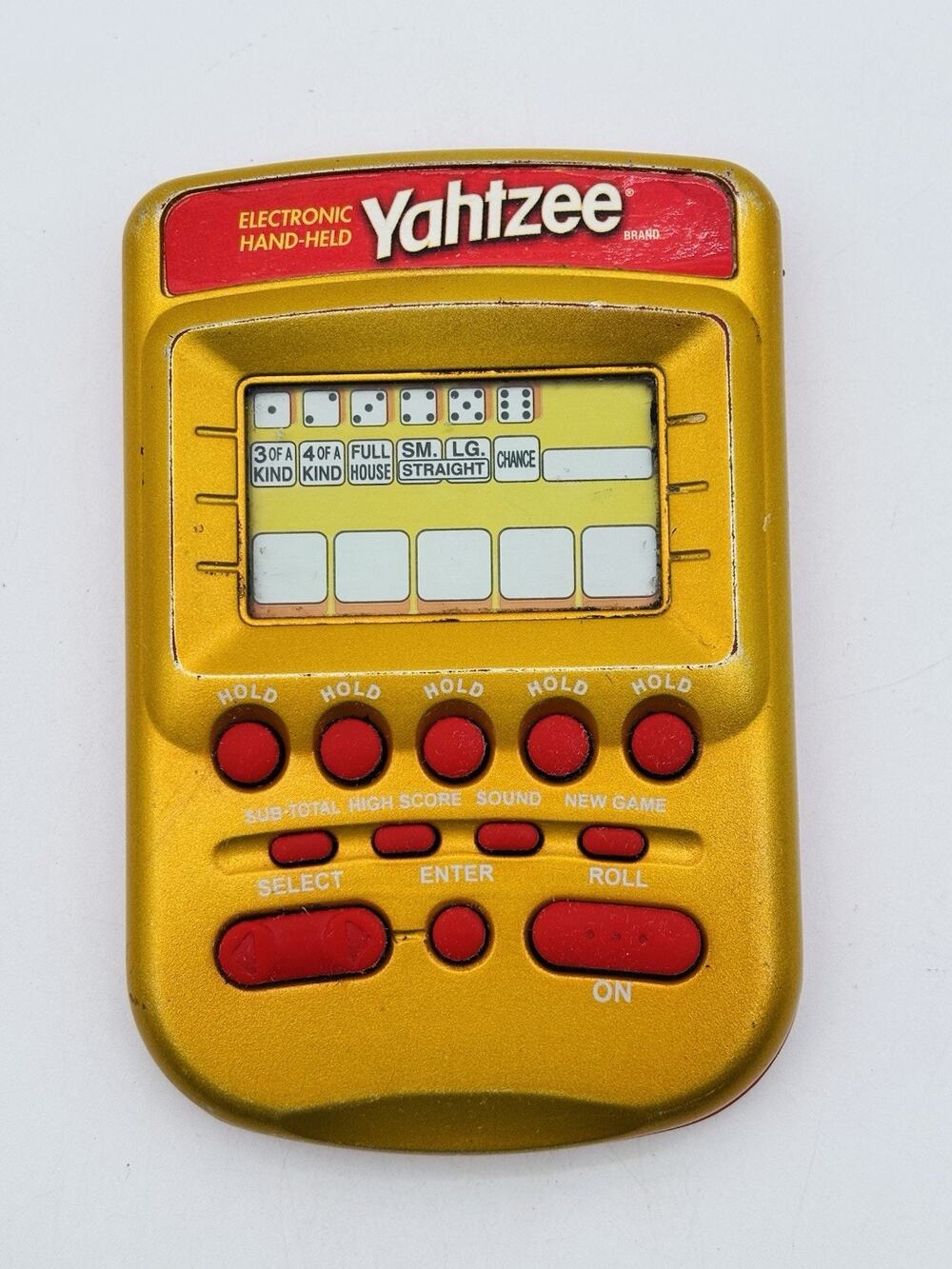 Hasbro 2002 VINTAGE Yahtzee Handheld Pocket Electronic Game Gold & Red WORKS